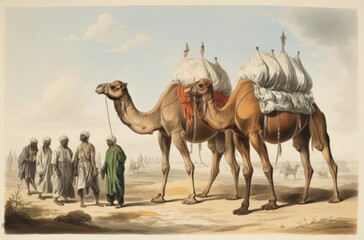 Two camels in the desert loaded up for traveling with their three owners 