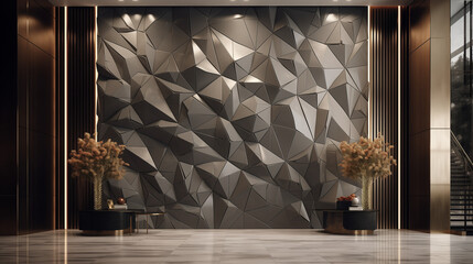 High-rise apartment lobby with an intricate feature wall, combining reflective surfaces and geometric patterns for a uniquely sophisticated entrance