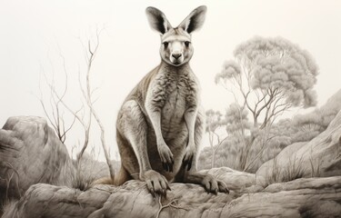Kangaroo in the willd, black and white  - obrazy, fototapety, plakaty