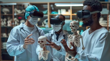 Multiracial men in medical gowns exploring 3d scull models in VR glasses and having the discussion.