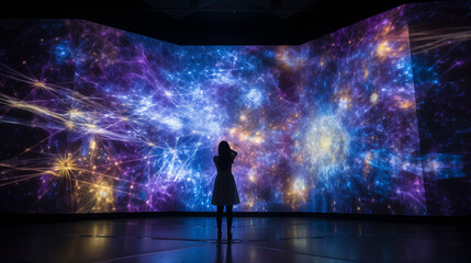 Holographic projection wall in a contemporary gallery, displaying intricate digital patterns for a uniquely immersive art experience 