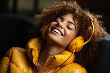 Joyful woman in yellow enjoying music with headphones