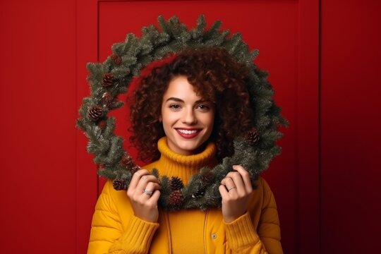 Joyful woman holding a Christmas wreath against a red background
