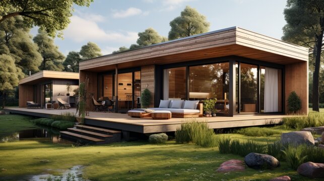 Modern wooden house with large windows surrounded by nature