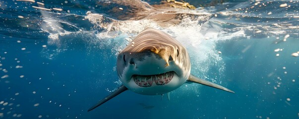 Shark Swimming Towards Camera with Mouth Open: Dynamic Shot. Concept Underwater Photography, Marine...