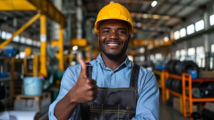 Portrait Shot of African-American engineer worker shows a thumbs up in the final stage of the reconstruction of the factory.Industrial Specialist in Metal Construction Manufacture - obrazy, fototapety, plakaty