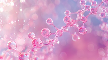 Delicate pink molecules float ethereally against a sparkling, bokeh background, suggesting scientific beauty and the subtlety of life's building blocks.