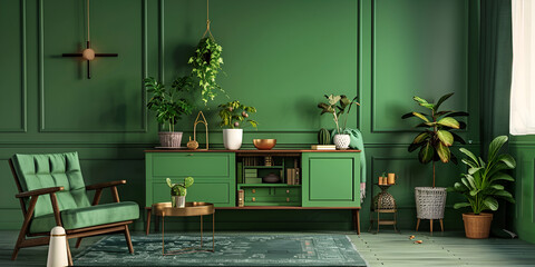Concept for a green living room with wooden furniture a table chairs a planter and parquet flooring green background