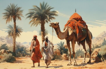 Camel and owner's in the desert  - obrazy, fototapety, plakaty