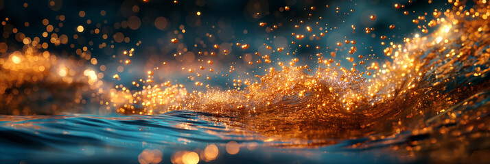 Flowing wave of light in blue tones and with gold splashes - obrazy, fototapety, plakaty