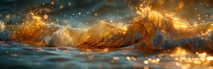 Golden coins rushing in gold waves. Gold coin money wave crypto sea - obrazy, fototapety, plakaty