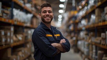 A cheerful warehouse manager stands confidently with arms crossed, a blur of organized shelves behind him, embodying efficiency and workplace satisfaction.