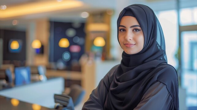 Real Emirati Arab woman indoors ideal for corporate banking or office counter table. Arabic Emarat national on Hijab Abaya
