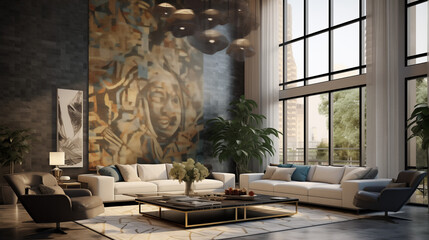 Modern living room with an intricate mosaic wall, blending unique patterns and textures to create a visually captivating focal point 
