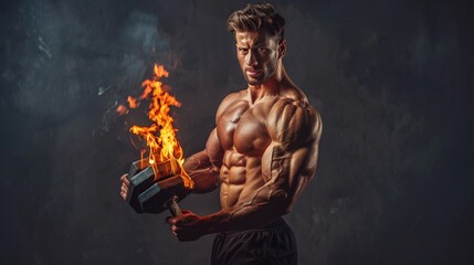 Shirtless bodybuilder with burning dumbbell.