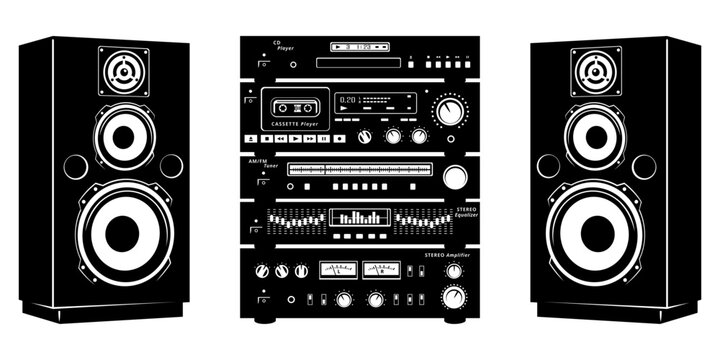 Retro Audio System of CD player, audio cassette player, radio tuner, graphic equalizer, stereo amplifier and speakers. All devices are the separate objects. Vector cliparts isolated on white.