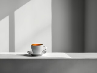 Fototapeta na wymiar A coffee cup sits on a table next to a wall. The cup is white, and the table is made of stone. Scene is calm and peaceful, as the cup of coffee is the only object in the scene