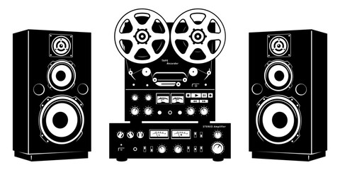 Analog Retro Audio System of reel to reel tape recorder, stereo amplifier and speakers. All devices are the separate objects. Vector cliparts isolated on white.
