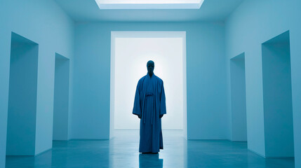 A person draped in a long blue robe is standing in the center of a room with white walls and a light blue floor.  - obrazy, fototapety, plakaty