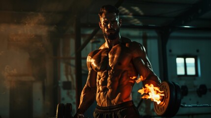 Fototapeta na wymiar Shirtless bodybuilder with burning dumbbell.