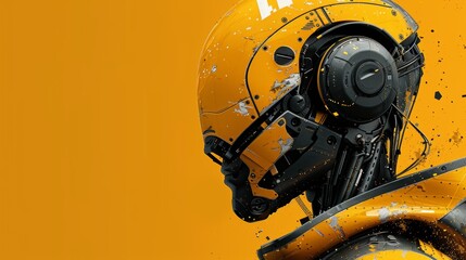 A sophisticated robotic sentinel head, with intricate detailing, stands poised against a stark orange backdrop, symbolizing cutting-edge technology.