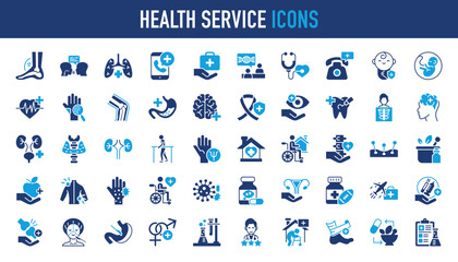 Health service icon set. Containing doctor, medicine, hospital, treatment, healthcare, nurse, pills, clinic and more. Solid vector icons collection.