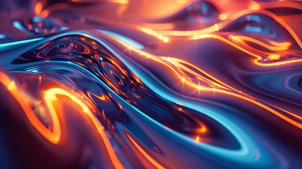 Zelfklevend Fotobehang A liquid metal texture with neon reflections in zero gravity. © Anthony