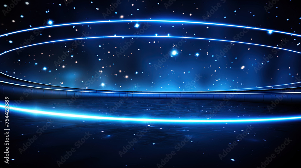 Poster Abstract neon rays and lines on dark science and tech background.