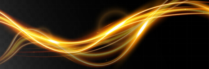 Fototapeta na wymiar Light wave,shiny gold lines.Color glowing design element.Wavy bright stripes.Vector illustration.