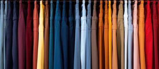 A variety of different colored clothes, including trousers, are neatly arranged and hanging on a rack in a clothing store. The vibrant colors create a visually appealing display.