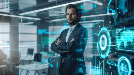 Fototapeta premium Confident executive with crossed arms stands in a futuristic data-driven environment.