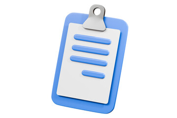 3D Blue Clipboard with paper notes icon symbol. Document for notes, contracts, schedule, work planning. Cartoon minimal style on isolated purple background. 3d rendering illustration.