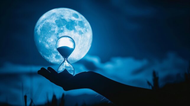 Silhouette hourglass on hand against full moon