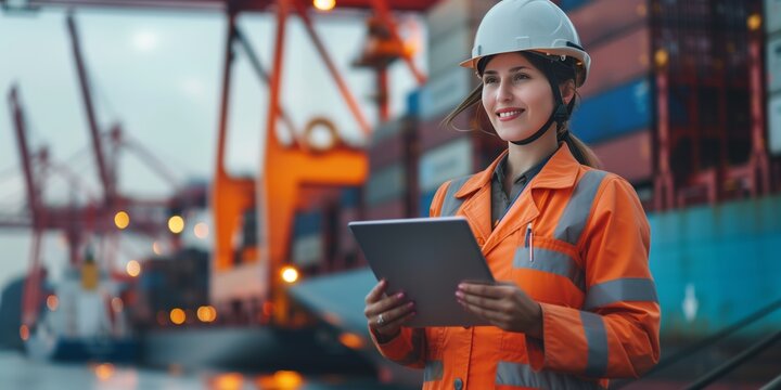 Portrait of Female Industrial Engineer in White Hard Hat and checking product with tablets,Safety Vest and with Two-Way Radio Working in Logistics Center.Inspector or Supervisor in Container Terminal.