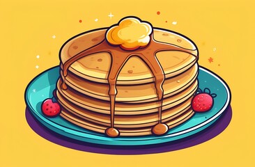 Pancakes on a blue plate on a pink background