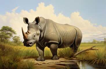 Fototapeta premium rhino in the long grass beside the water