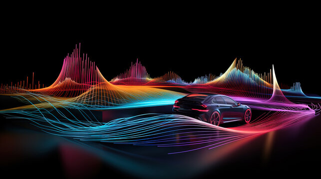 Car audio installation service concept with auto vehicle surrounded by music and sound waves equalizer