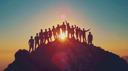Teamwork and success concept, Silhouette of business people on the top of the hill