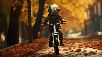 Humanoid robot rides through countryside on electric bicycle or scooter, replacing human in role of delivery service courier.