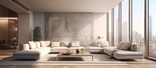 This living room features a clean and modern design, with white furniture filling the space and tall windows allowing for ample natural light. The room is spacious and airy,