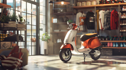 Vintage scooter standing in stylish vibes of a cozy shop.
