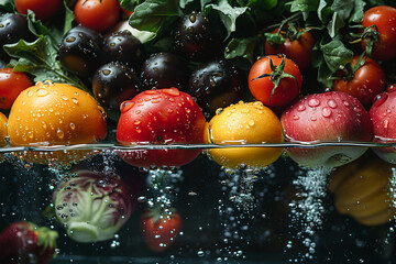 
Fresh vegetables and fruits glisten in water droplets, portraying their natural and organic essence against a serene background, evoking a sense of freshness and vitality