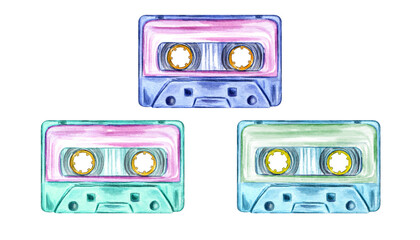 Three audio multicolored Cassettes. Nostalgia for the 90s. Vintage compact Cassette. Music, sound, playlist, audio equipment. Watercolor illustration for design