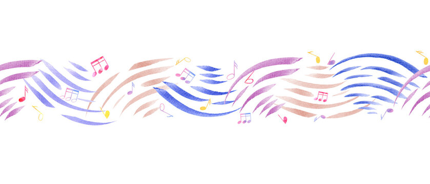 Seamless border with abstract music waves and music notes. Multicolored note symbols. Musical cute atmosphere. Watercolor illustration for textile, package, wrapping