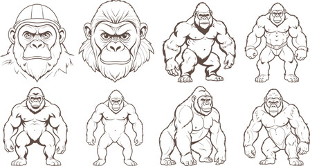 Gorilla hand drawn coloring page and outline vector design