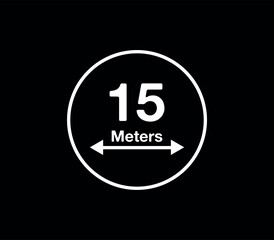 15 Meters distance icon. Vector measurement in meters, white circle isolated on black background