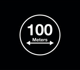 100 Meters distance icon. Vector measurement in meters, white circle isolated on black background