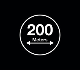 200 Meters distance icon. Vector measurement in meters, white circle isolated on black background