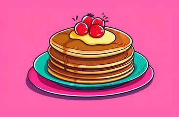 Pancakes on a blue plate on a pink background