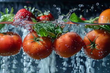 
Fresh vegetables and fruits glisten in water droplets, portraying their natural and organic essence against a serene background, evoking a sense of freshness and vitality